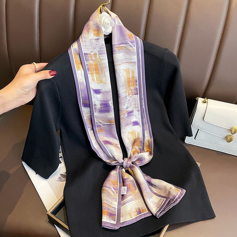 100% Mulberry Silk Long Scarf Women Vintage Purple Yellow Neckerchief 150*15cm