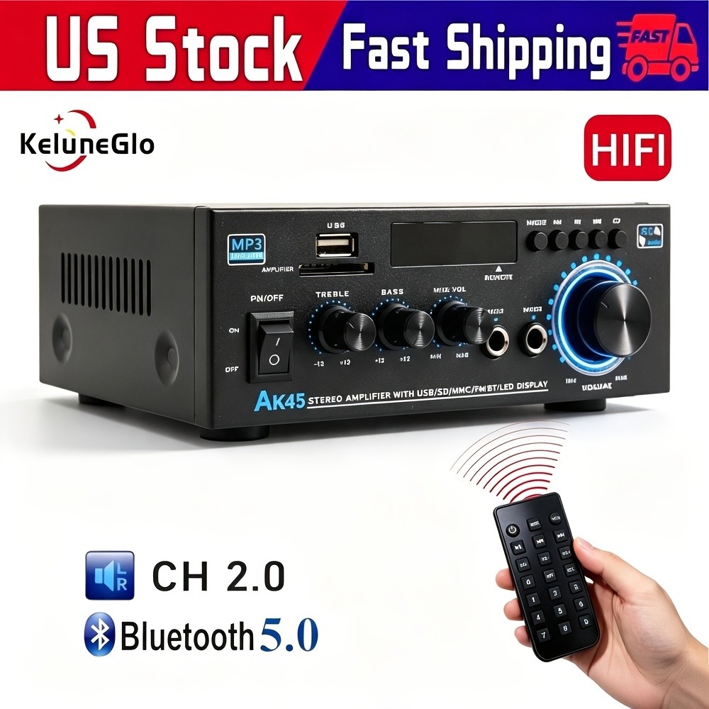 AK45 Bluetooth 5.0 HiFi Stereo Amplifier Receiver Home Audio Max 400W x2 USB/FM