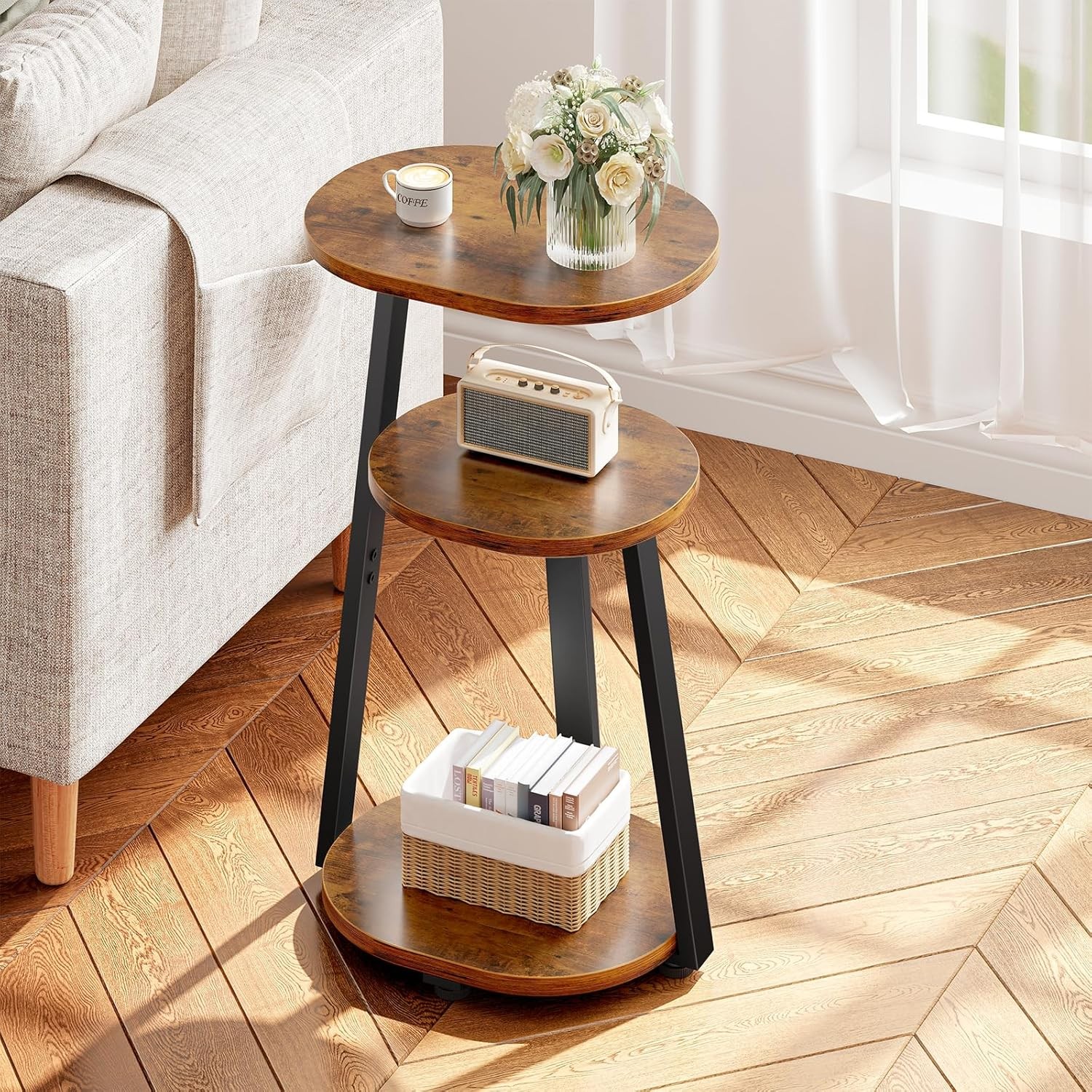 Side Table Small End Table W/ Metal Frame 3-Tier Bedside Tables Round Side