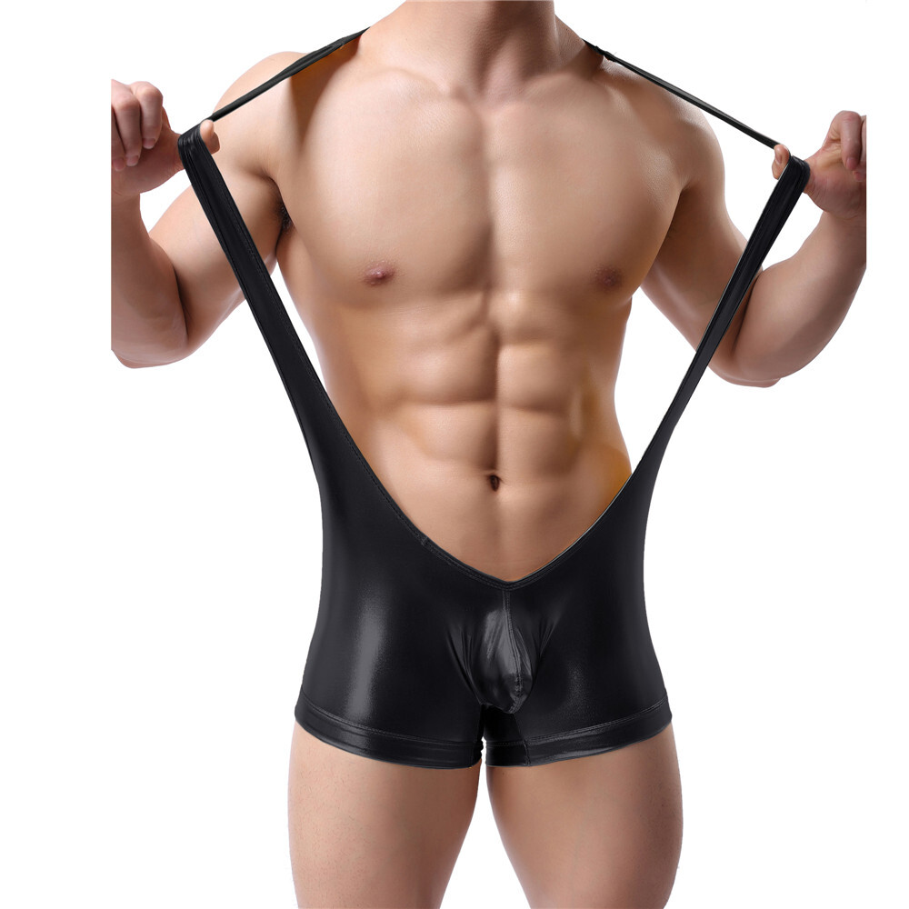 Black Men Wetlook Faux Leather Bodysuit Wrestling Singlet Jockstrap Leotard S-XL