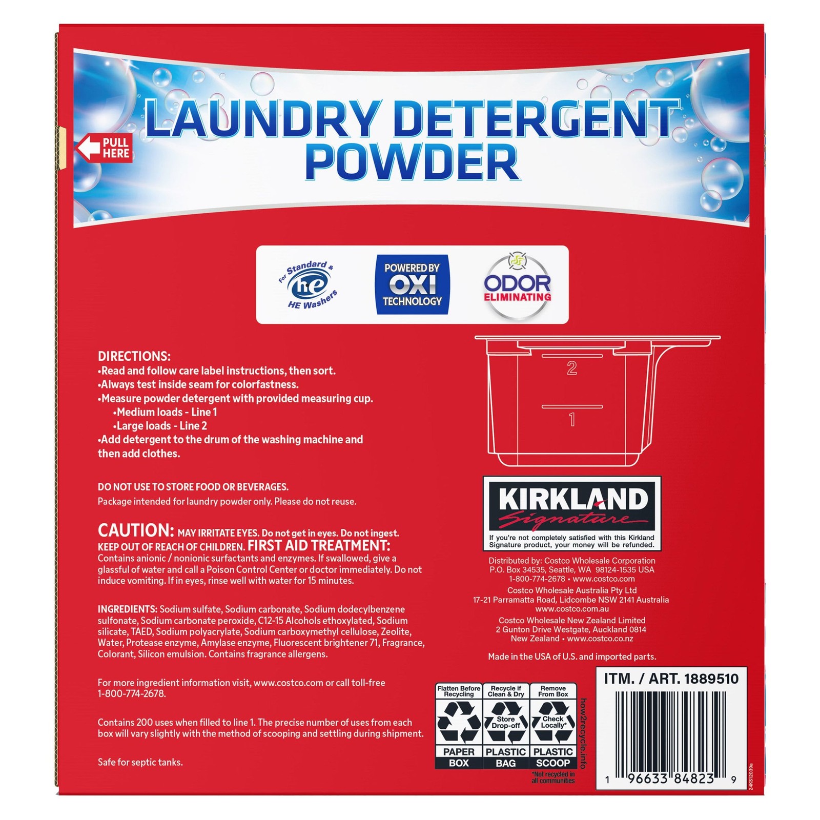 Kirkland Signature Oxi Powder Laundry Detergent, 200 Loads, 348.8 oz (21.8 lbs)