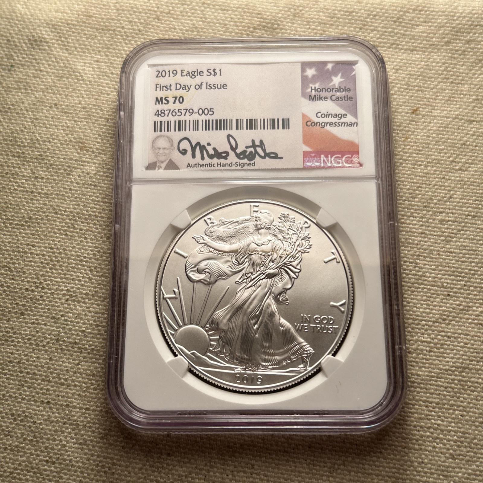 2019 American Silver Eagle NGC MS70 Mike Castle Hand Signed First Day F008