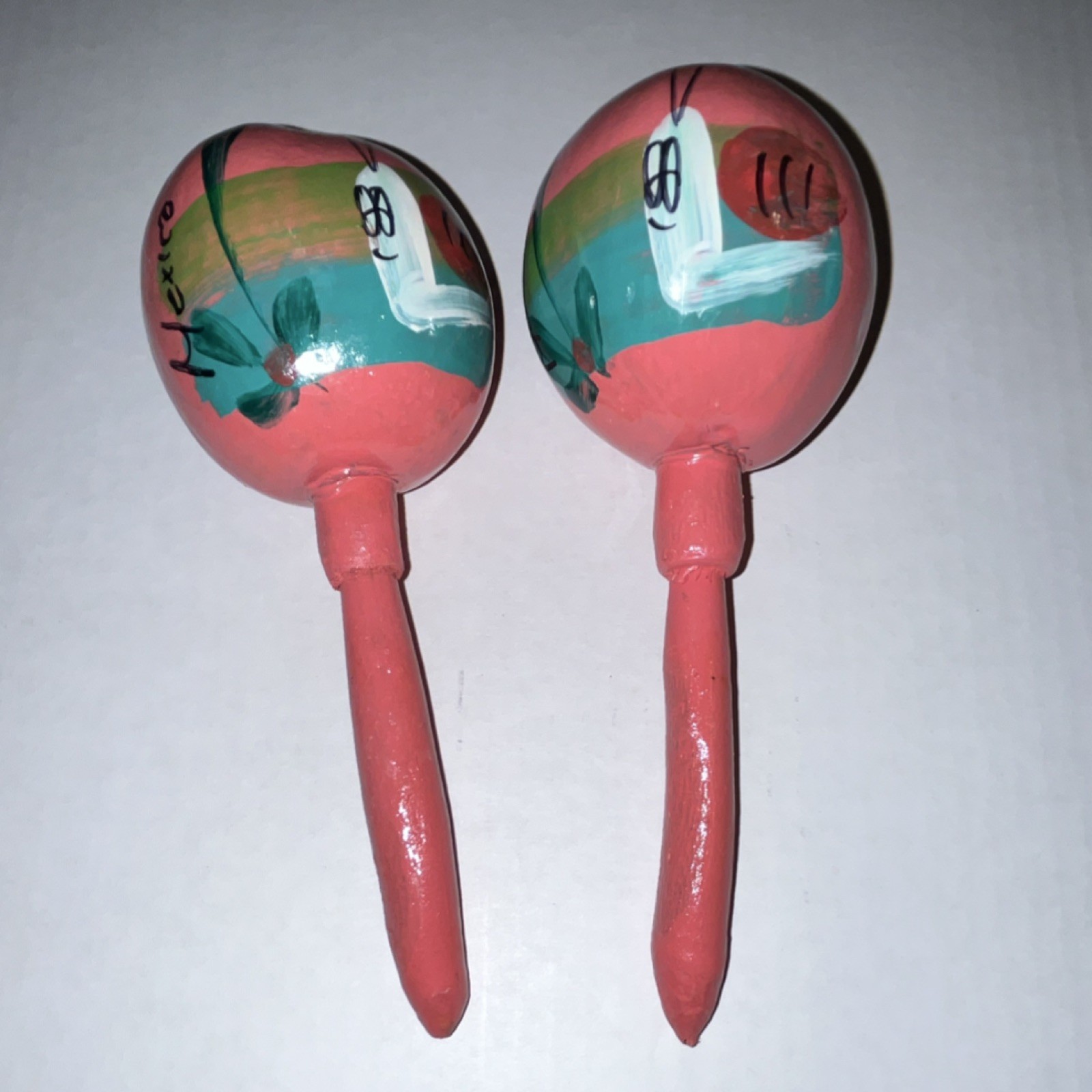 Hand-Painted Wooden Mexican Maracas Pair, Pink Folk Art Design