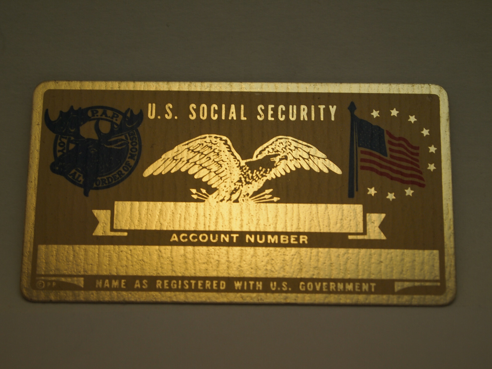 VINTAGE Metal Social Security SS Card; ID PAP Loyal Order of Moose Logo US Flag