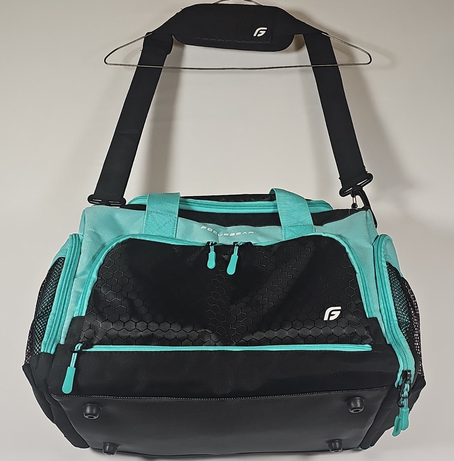FocusGear Small 10L Turquoise/Black Zip Duffel Gym Bag, 3 Pockets, Shoe