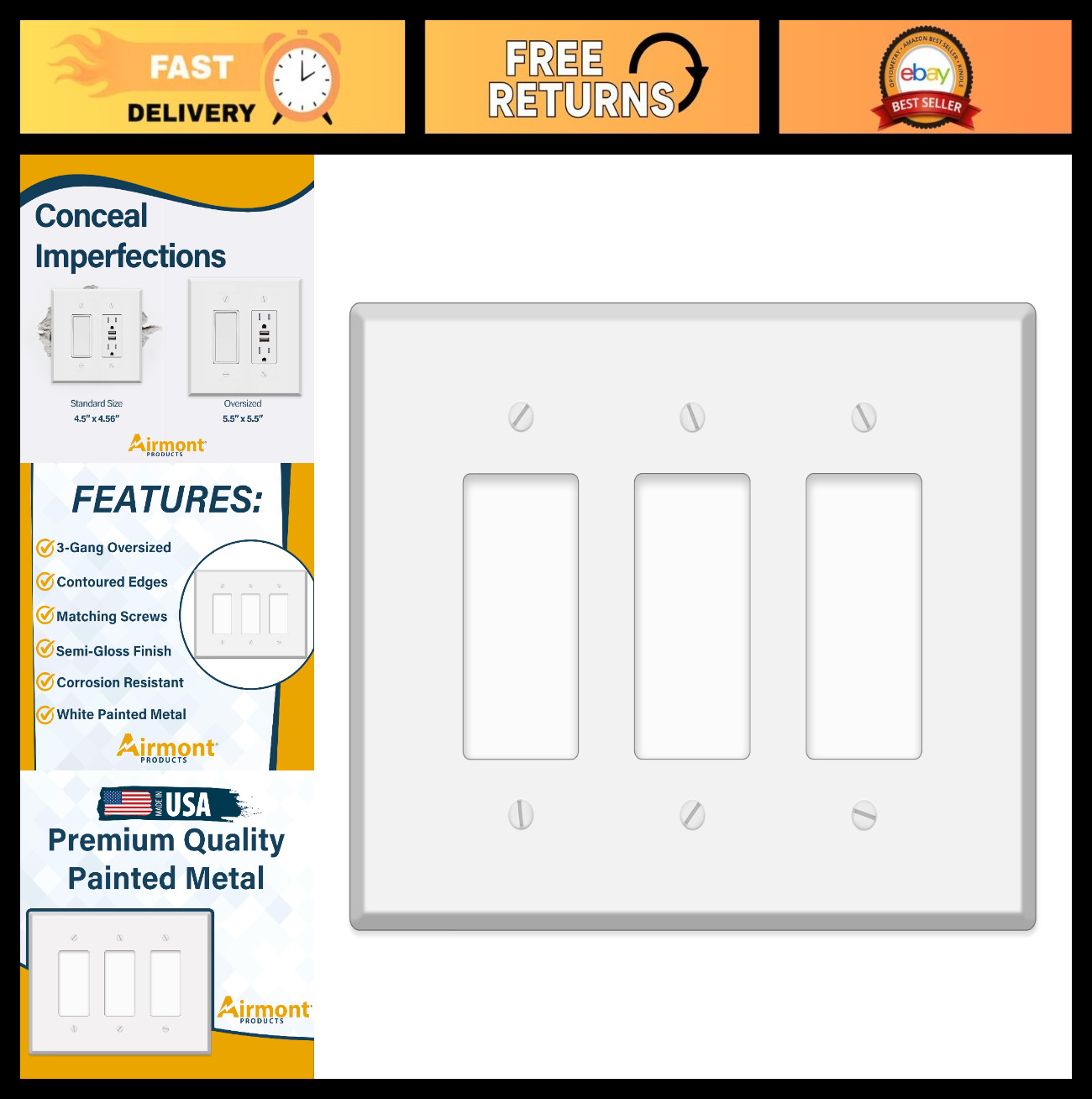 Oversized 3-Gang White Metal Rocker Switch Wall Plate - Jumbo GFCI Cover, Heavy-