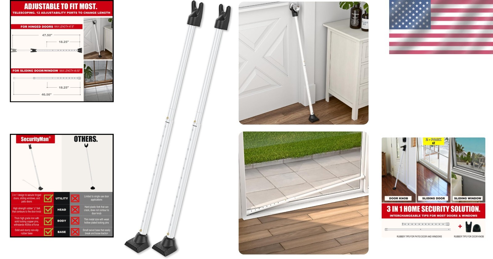 3-in-1 Door Security Bar - Adjustable Iron Lock Bar 2-Pack