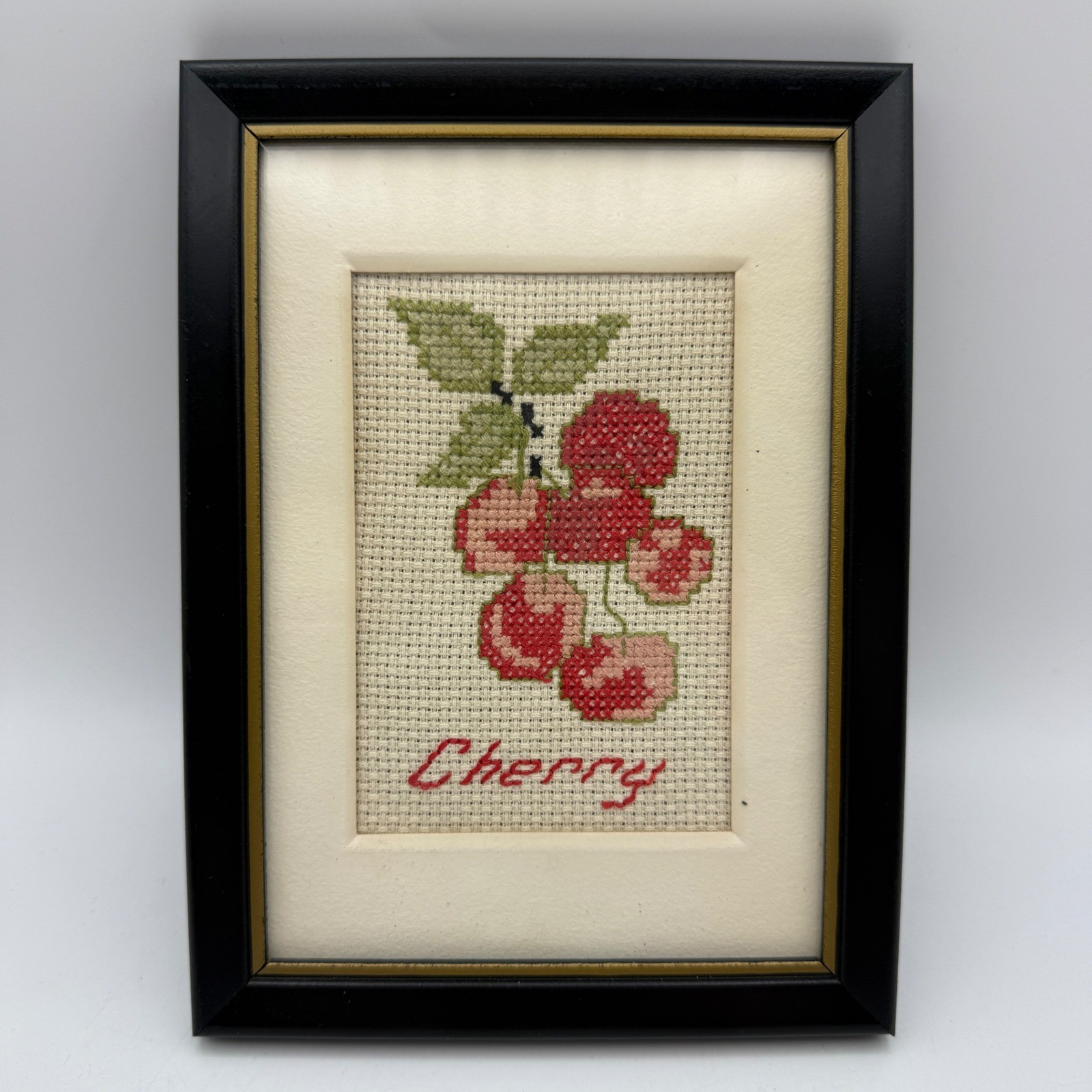 Vintage Framed Cherry Cross Stitch Handmade Wall Art Black Gold Frame