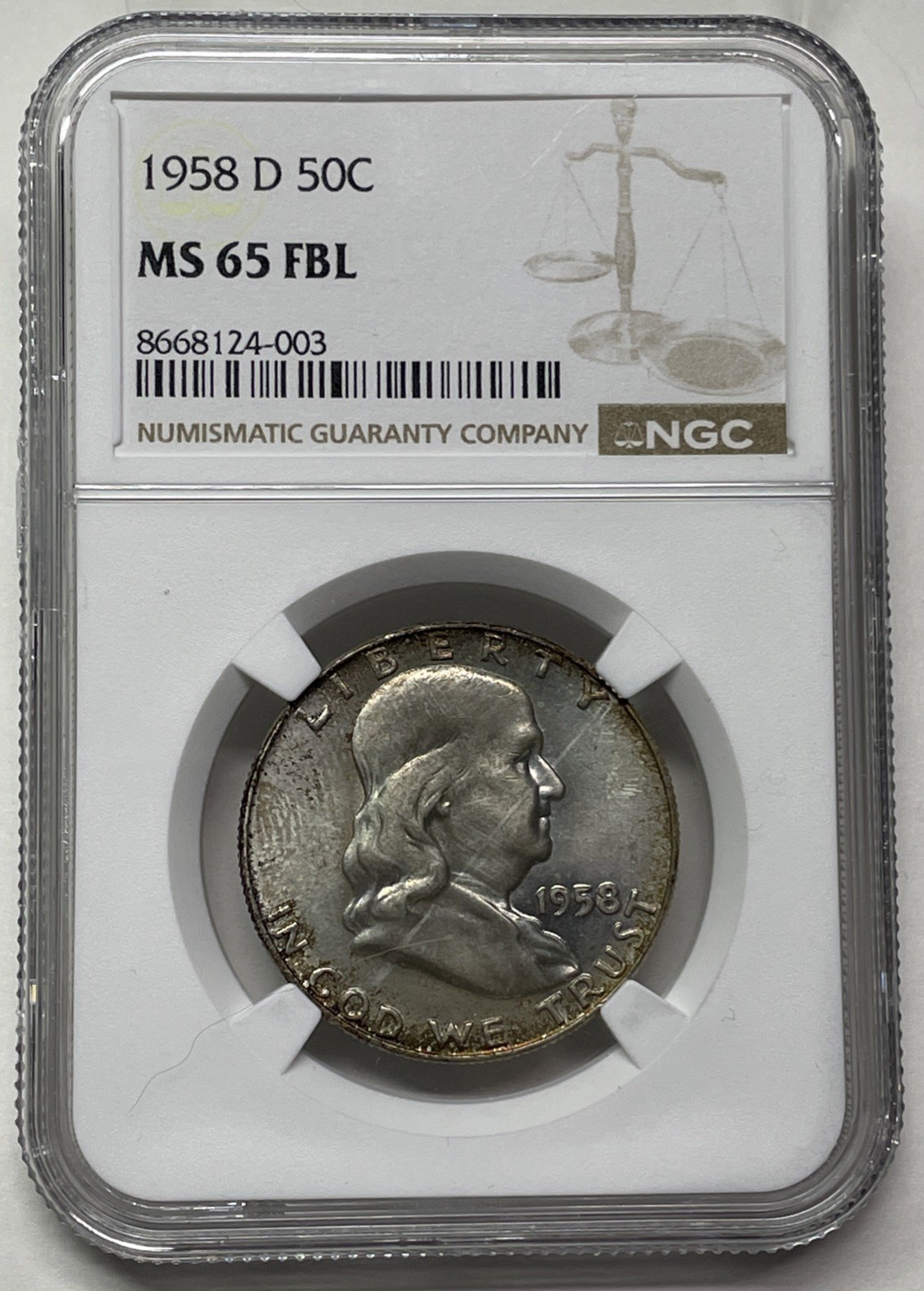1958 D Franklin Half Dollar NGC MS65 FBL Full Bell Lines Attractive Toning