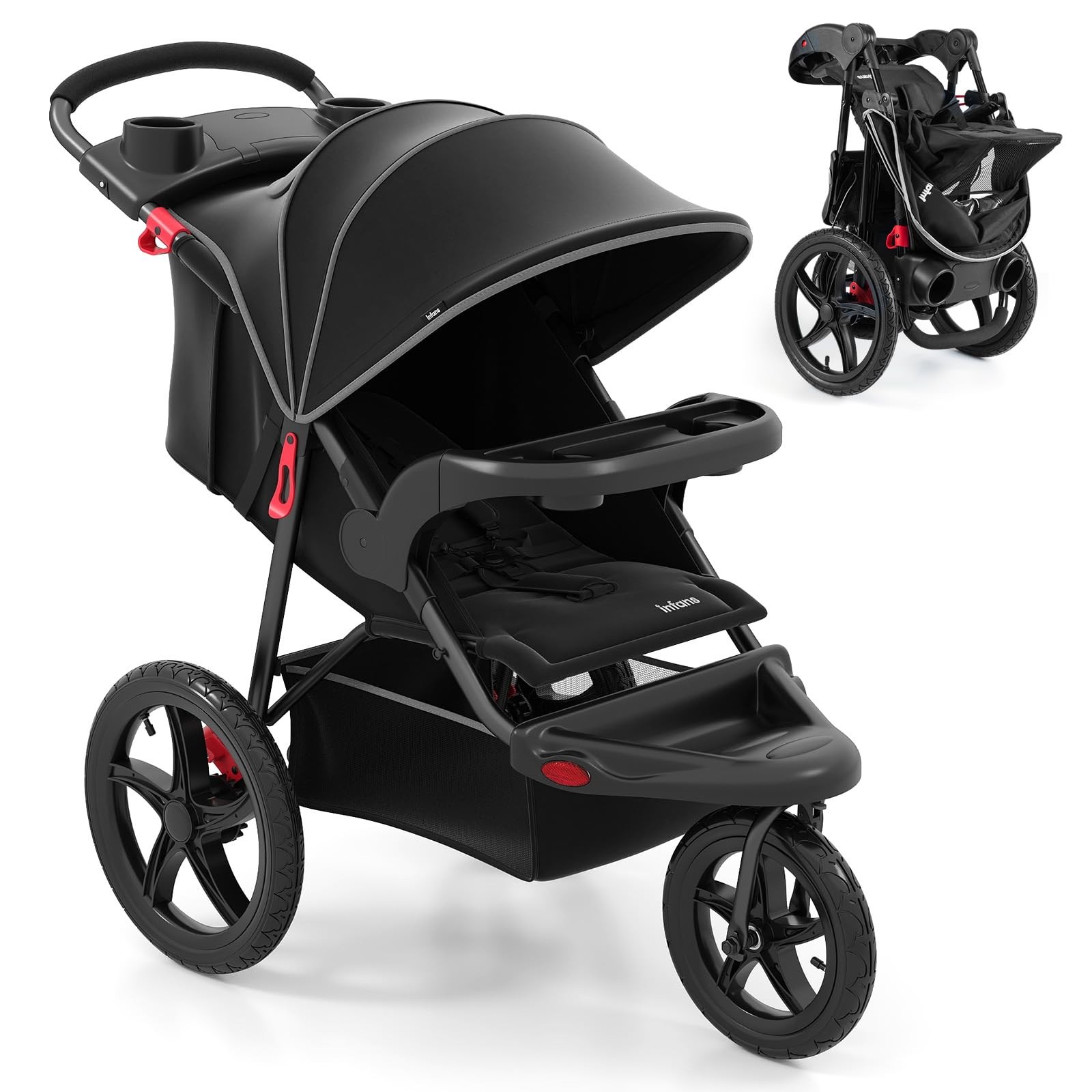 Jogging Stroller, Foldable Jogger with Air-Filled Tires Shock Absorbing Suspe...