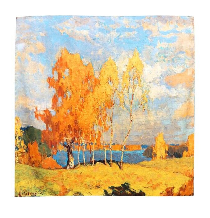 21”x21"Autumn Trees Print Pure Mulberry Satin Silk 12momme Scarf 53x53cm5-30