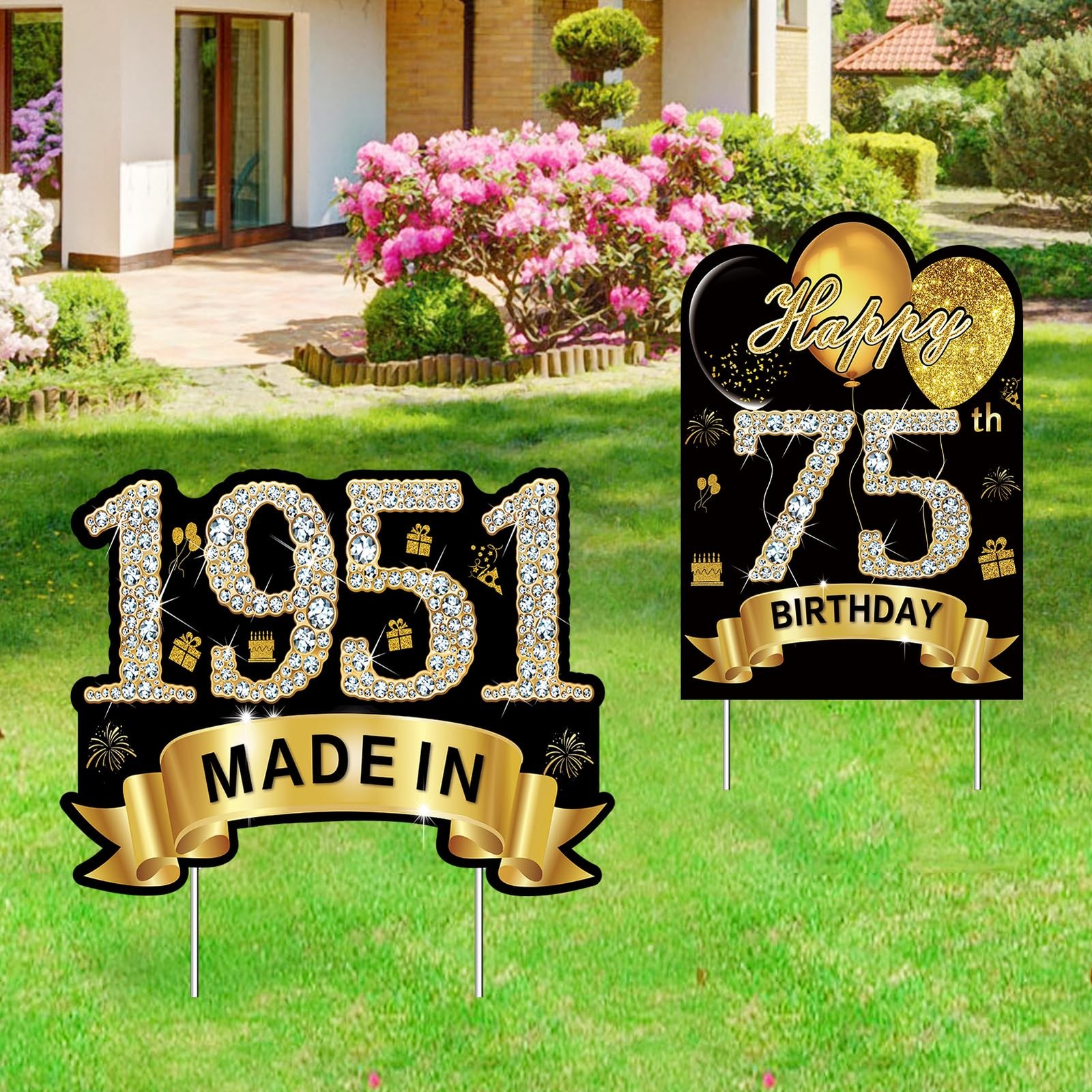 2Pcs Black Gold 75th Birthday Yard Sign Decoration for Men Women,Happy 75th Birt