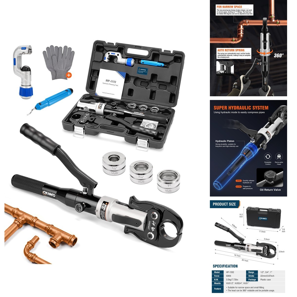 Chanhyd Hydraulic Copper Pipe Crimping Tool 1/2 Inch3/4 Inch And 1 Inch Jaw