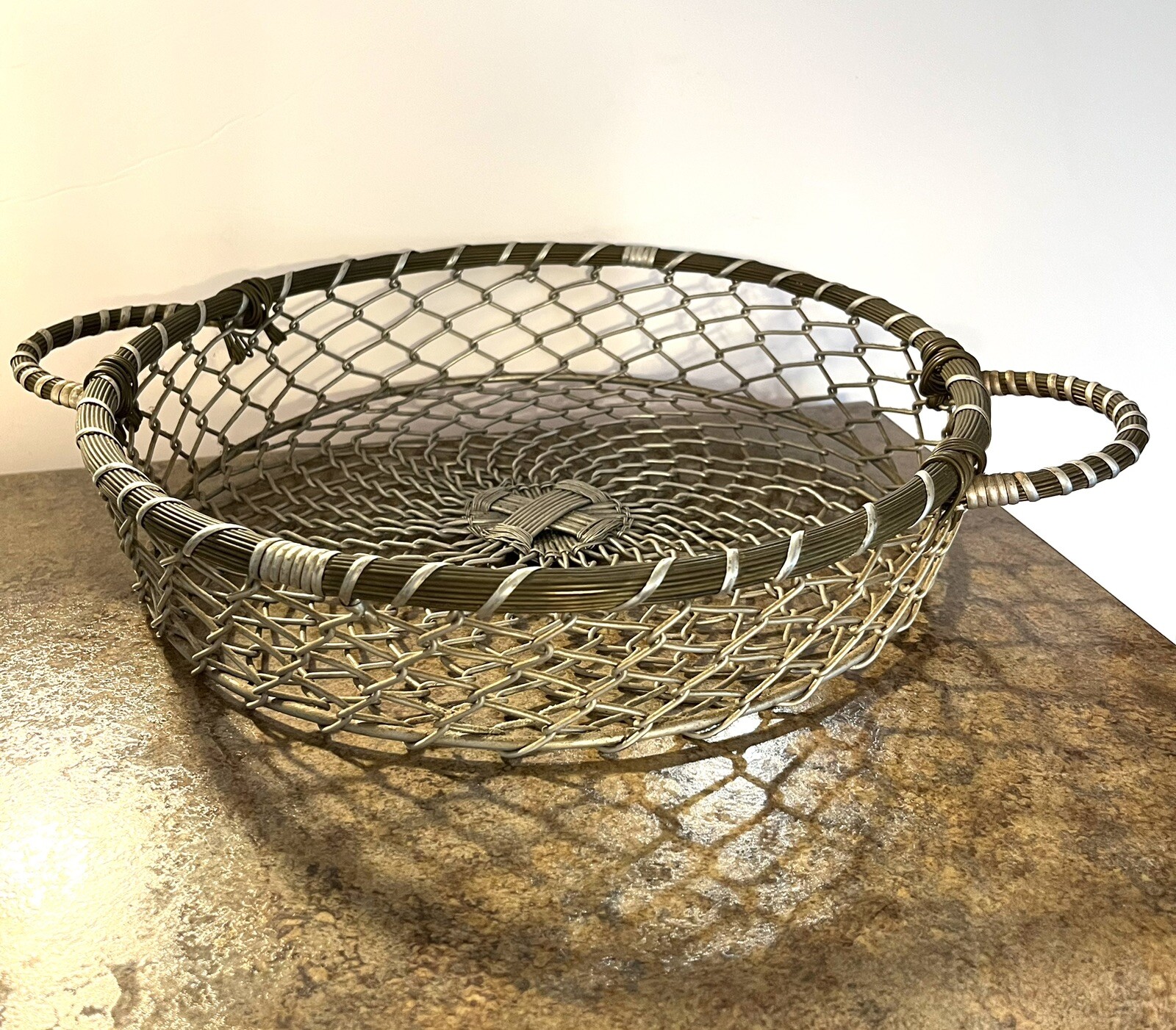 Woven Wire Basket Round Silvertone Kitchen Farmhouse Cabin Industrial Minimal