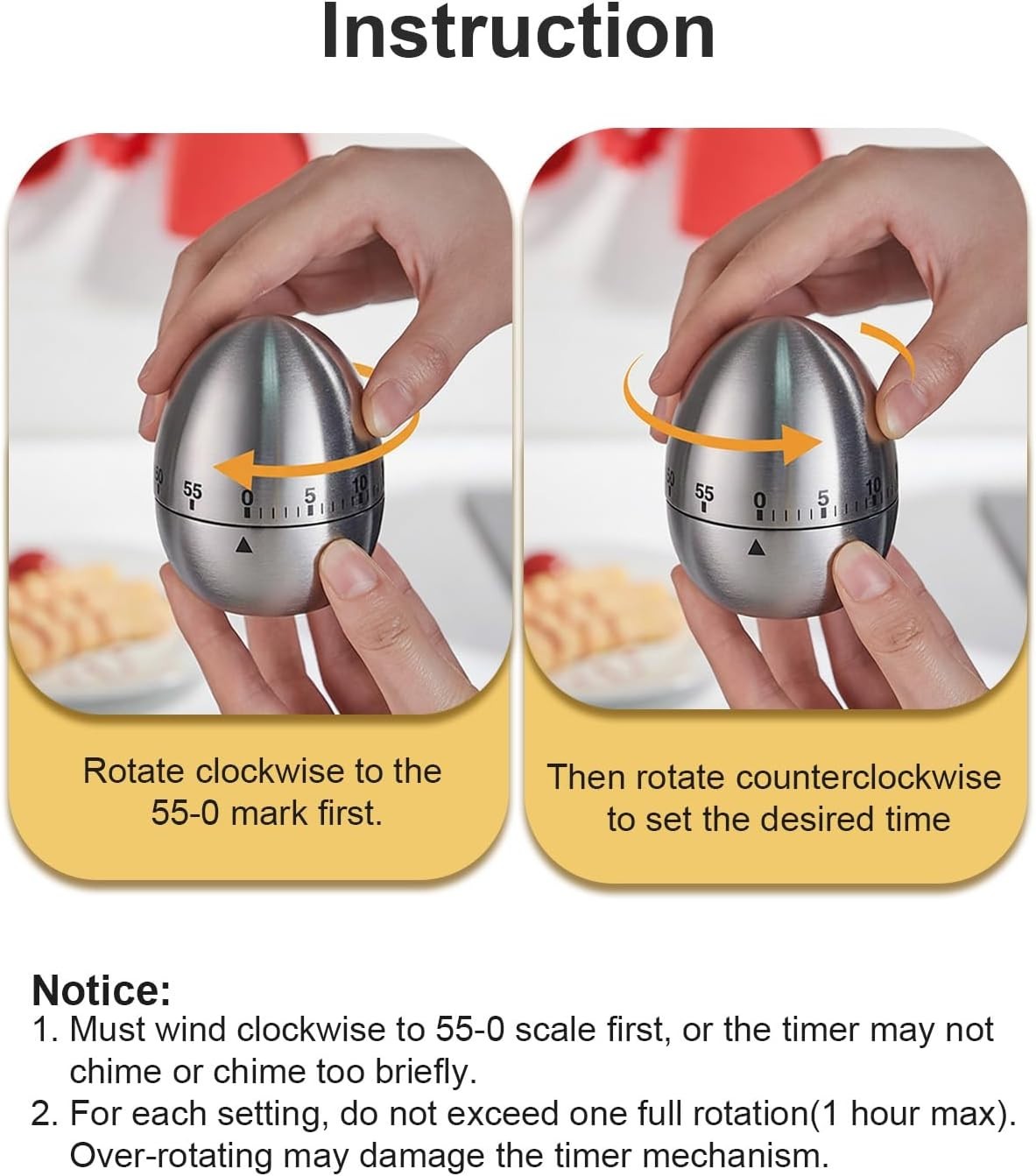 60 Min Mechanical Kitchen Timer Stainless Steel EggShape Cooking Countdown Clock