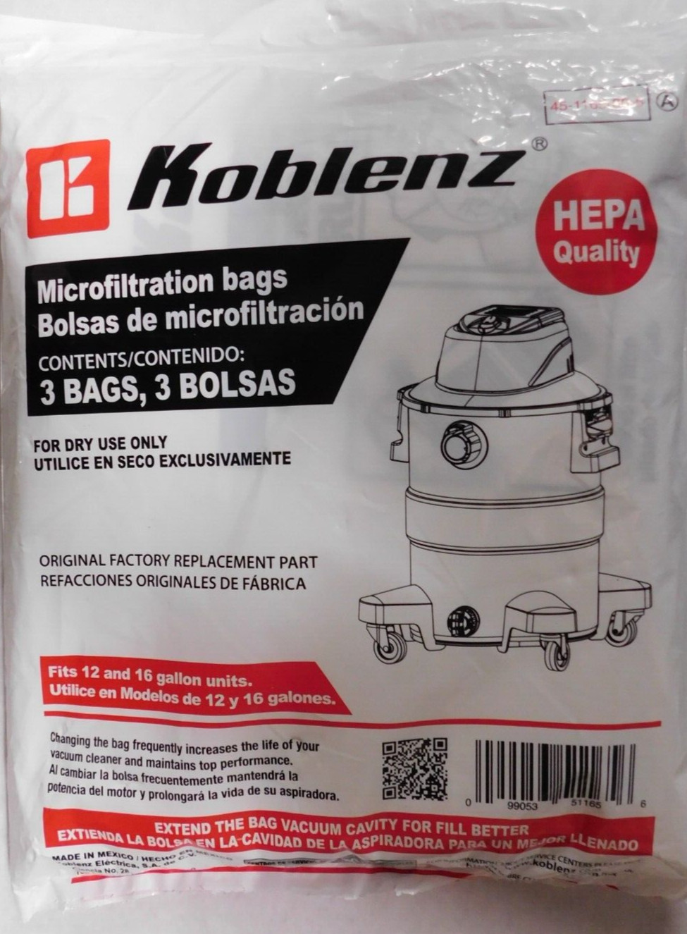 Koblenz Filter 45-1162-00-5 (A) Microfiltration Dustbags 12 -16 Gallon, 3 Pack