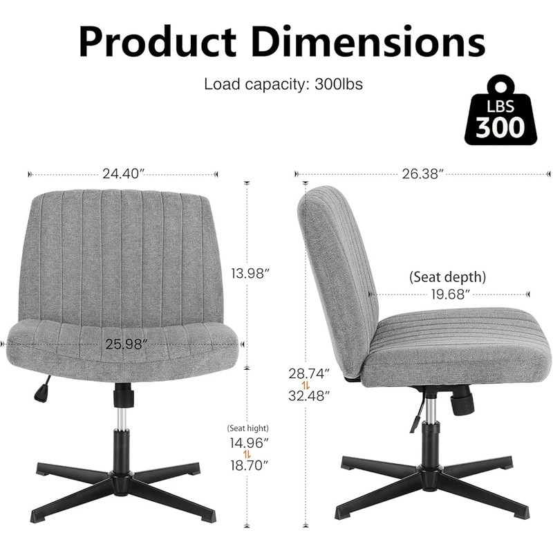 Wide Seat Ergonomic Desk Chair Adjustable Height Armless Office Chair Comfort US