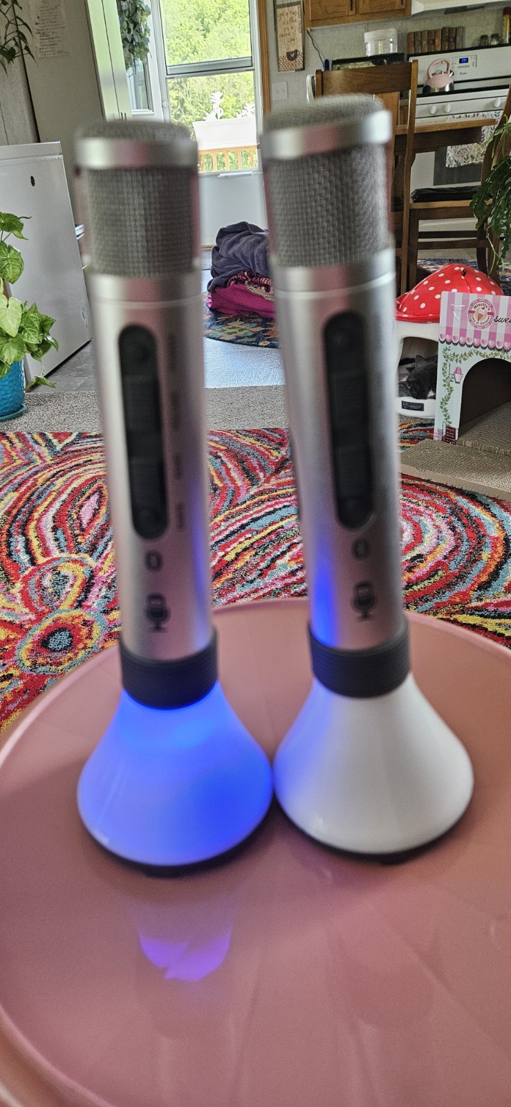 2x Bluetooth Karaoke Microphones Silver/White LED Echo Control Gain 3.5mm