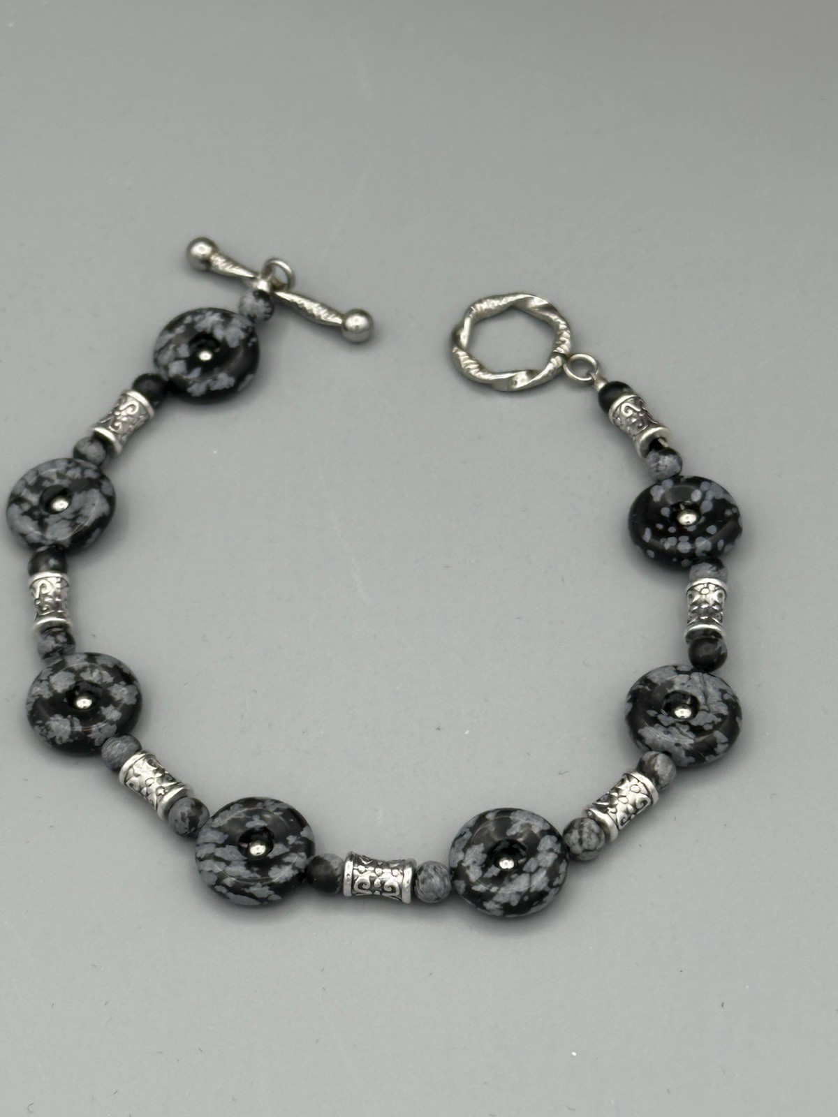 8.5 Inch Snowflake Obsidian Toggle Bracelet