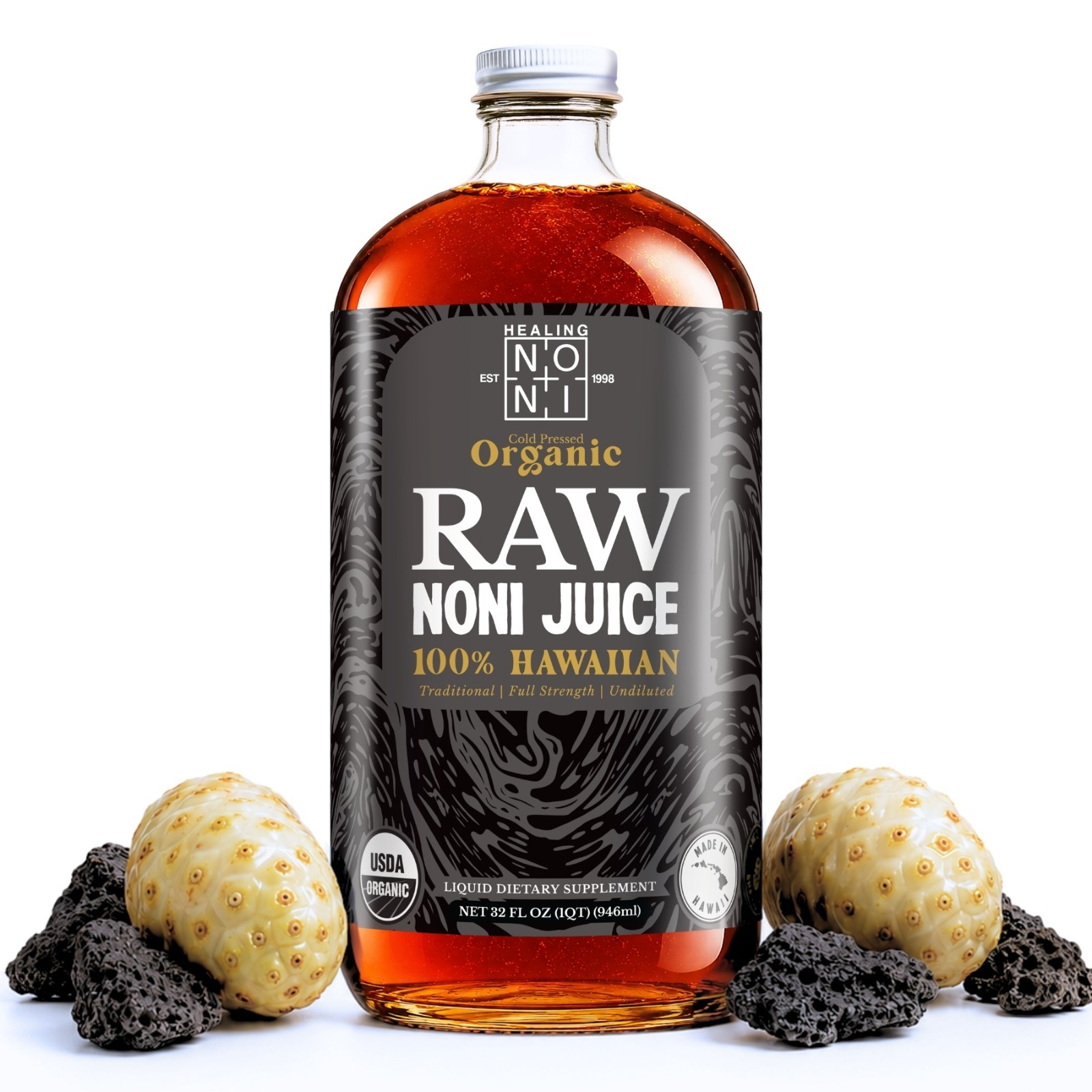 Healing Noni ® 100% RAW (UNPASTEURIZED) Certified Organic Noni Juice - 32oz