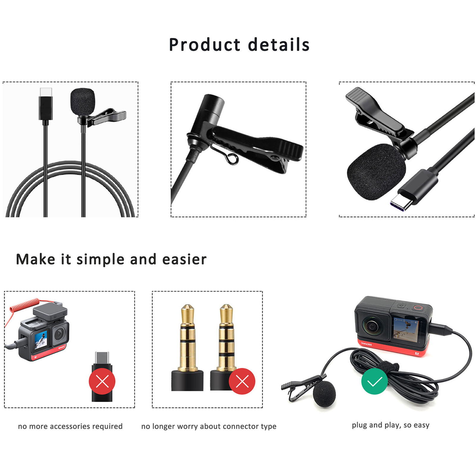 Type-C Lavalier External Wired Omnidirectional Microphone for Insta360 ONE R