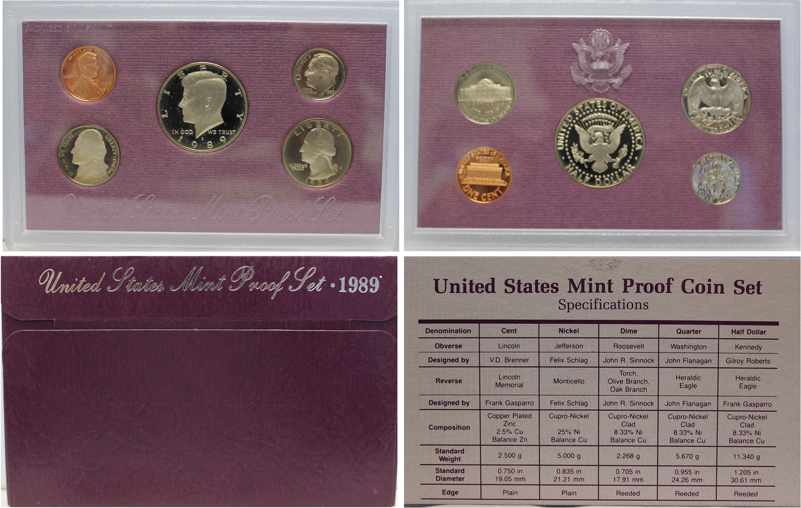 1989 Proof set CN-Clad Kennedy Half dollar Washington - (OGP) 5 coins