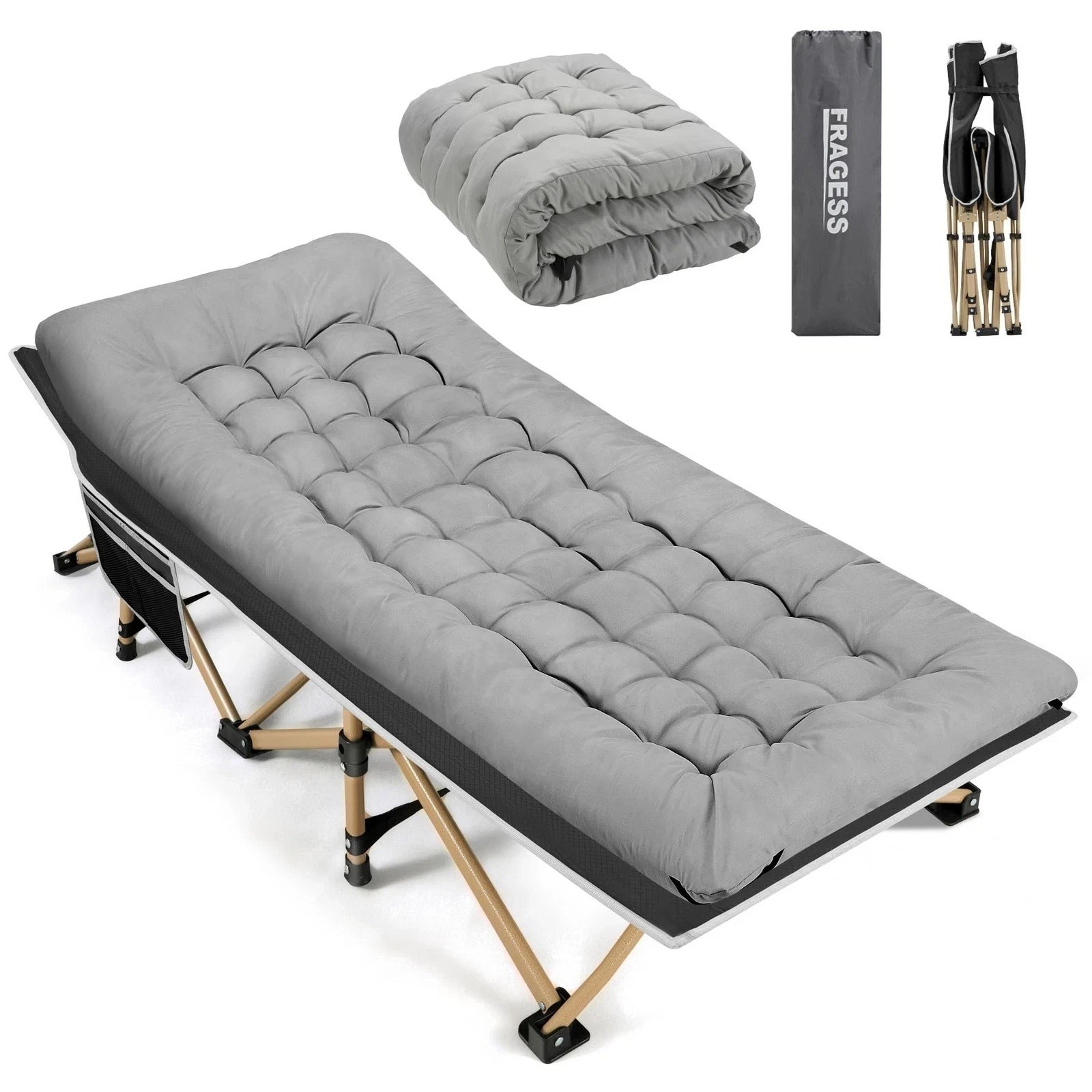 Fragess Camping Bed W/Mat for Adults, Black w/Grey Pad  Flo  42" L x 11" W x 8"