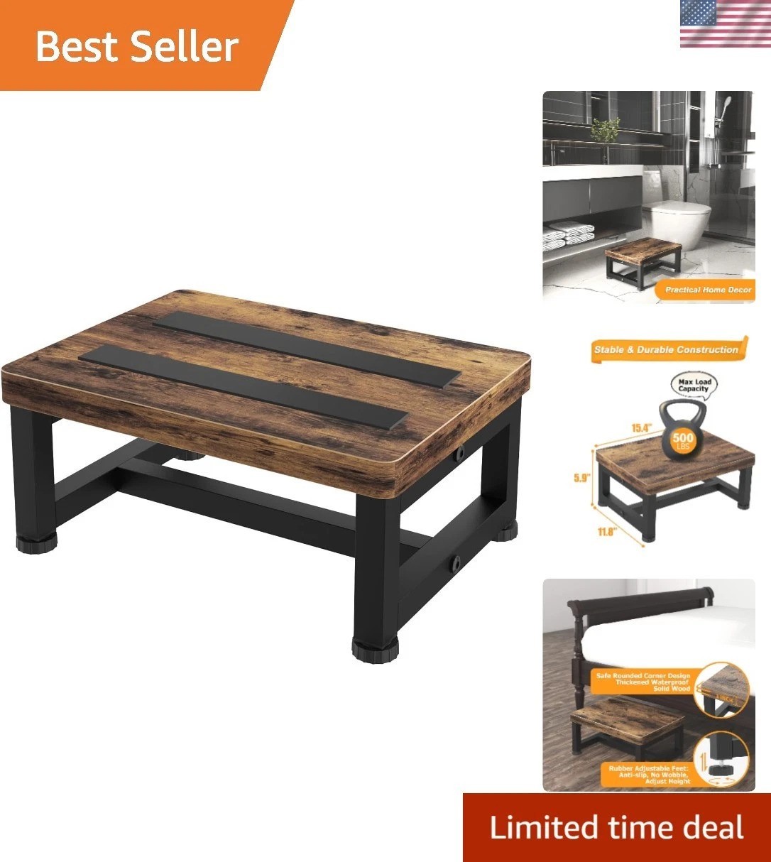 Multi-Functional Wooden Step Stool: Non-Slip, 500lbs, Perfect for Home & Garden