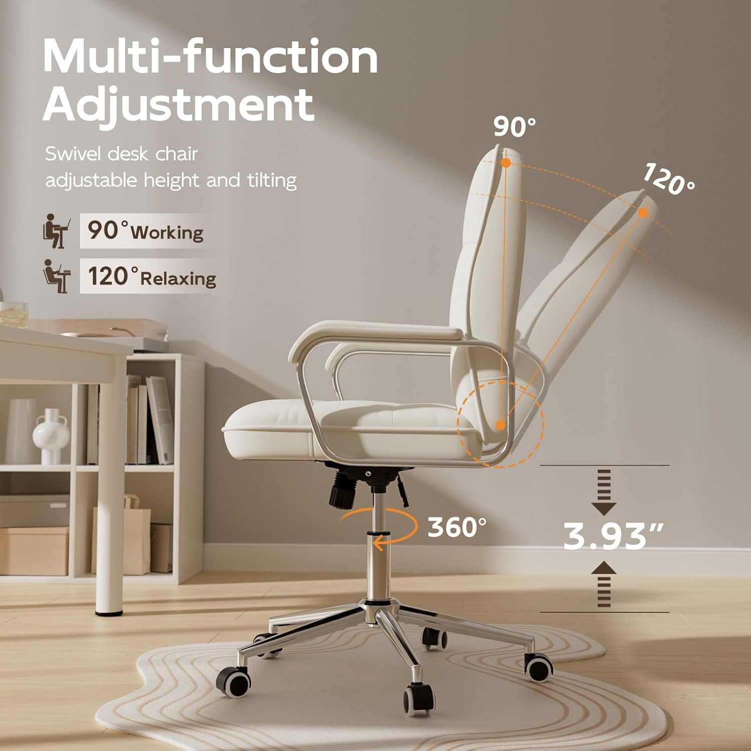 White Office Chair with Soft Leather, Swivel Computer Home Office Desk Chair wit