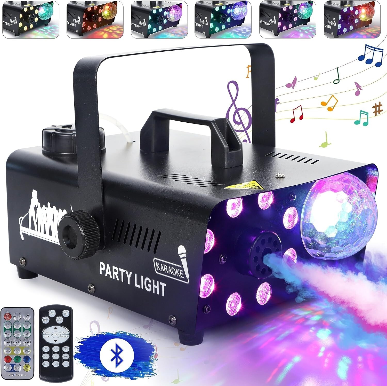 Fog Machine with 8 LED Lights and Disco Ball, Wireless Remote Control Bluetooth