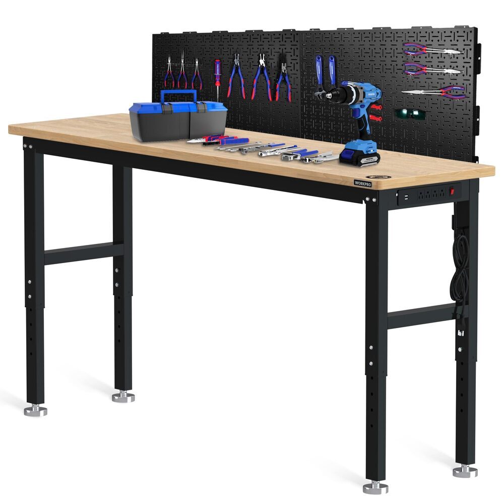 WORKPRO 72" Adjustable Workbench Rubber Wood Top With 2PC 16"x32" Metal Pegboard