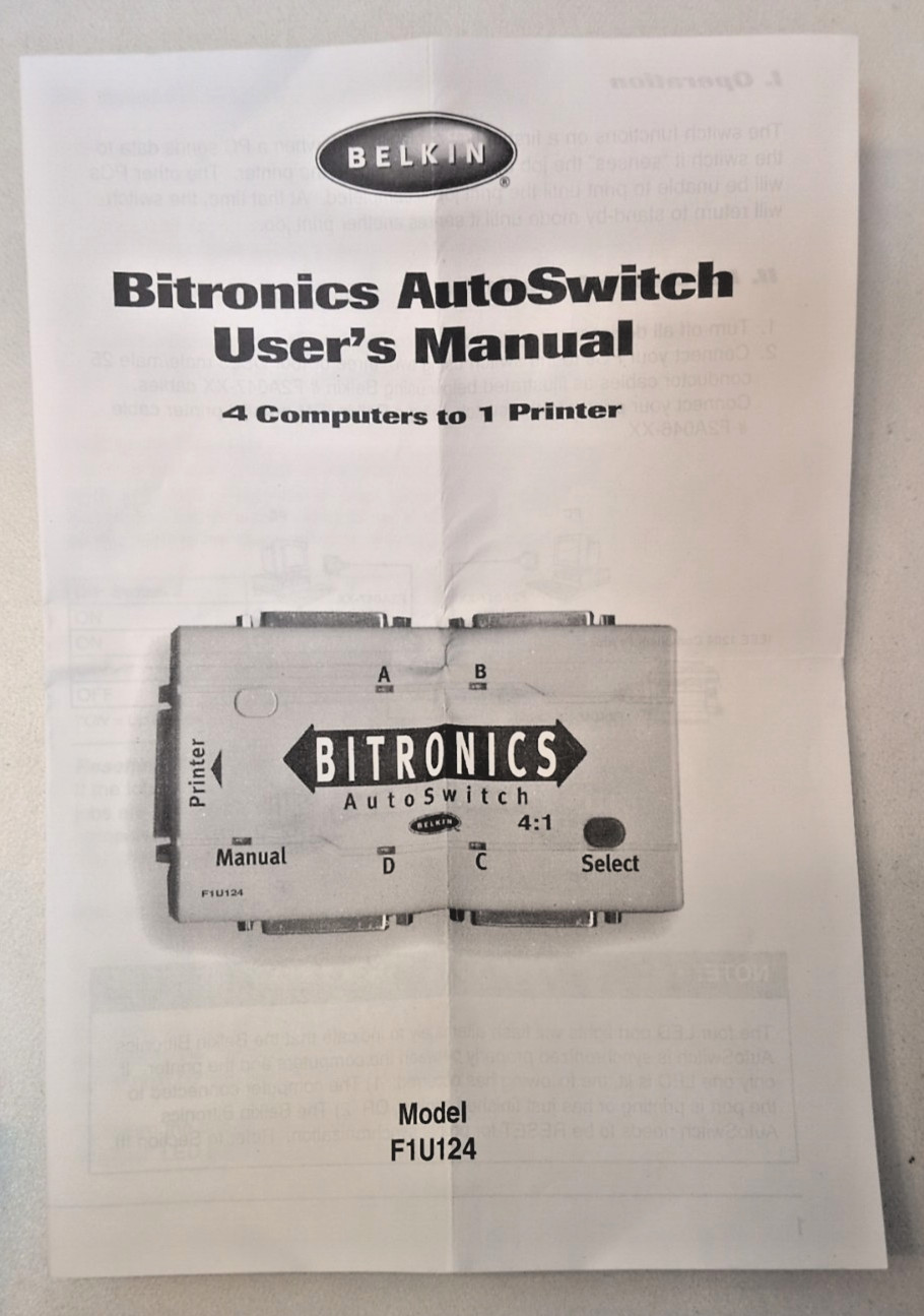 Belkin Bitronics AutoSwitch F1U124, 1EEE1284 Parallel Printer, Free Shipping