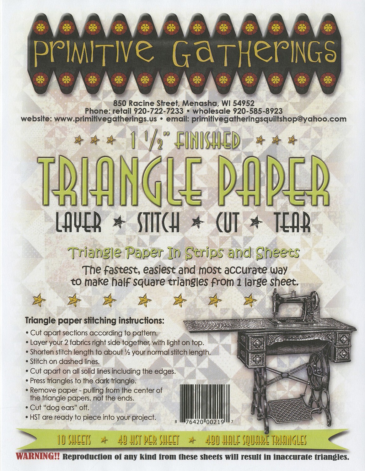 Primitive Gatherings 1 1/2" Finished Triangle Paper 10 Sheets 49 HST Per Sheet