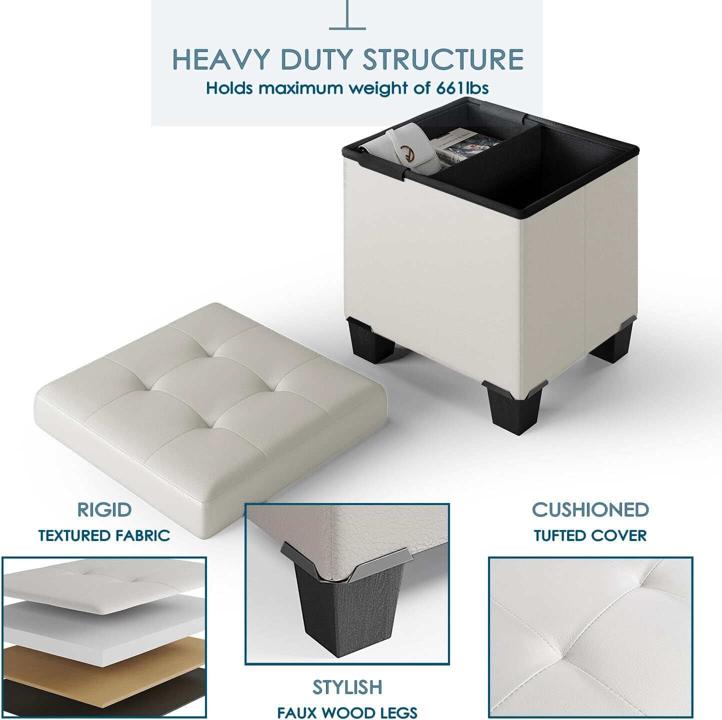 Storage Ottoman Cube with Bin, 15-In Square 15 Inch, White Leather