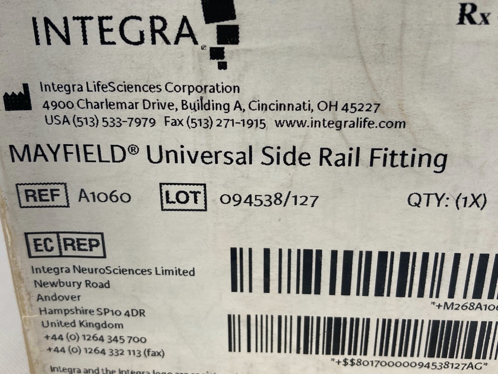 Integra Mayfield A-1060 Universal Side Rail Fitting Cranial Stabilization Neuro