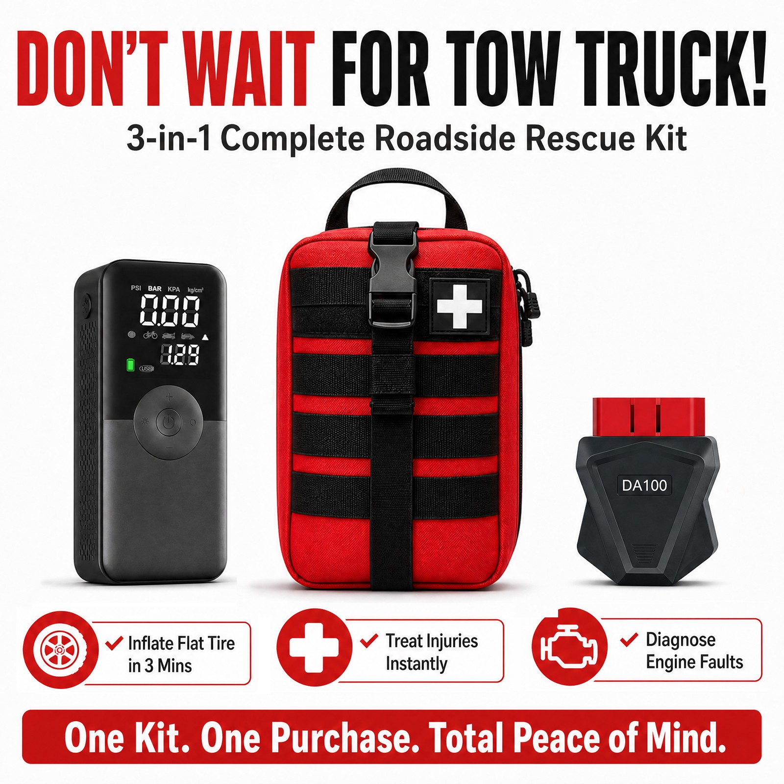 3in1 Roadside Emergency Kit Car OBD2 Scanner Tire Inflator First Aid Kit Bundle