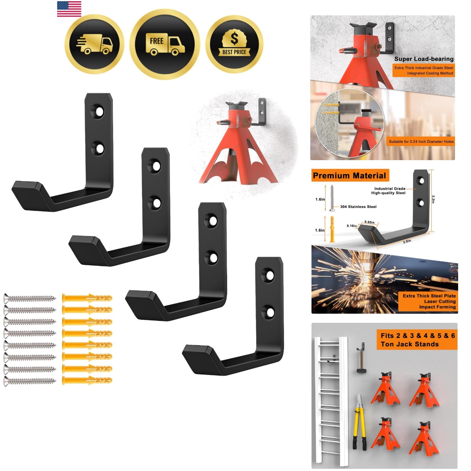 Garage Wall Mount Organizer Hooks Heavy Duty Jack Stand Storage Shelves