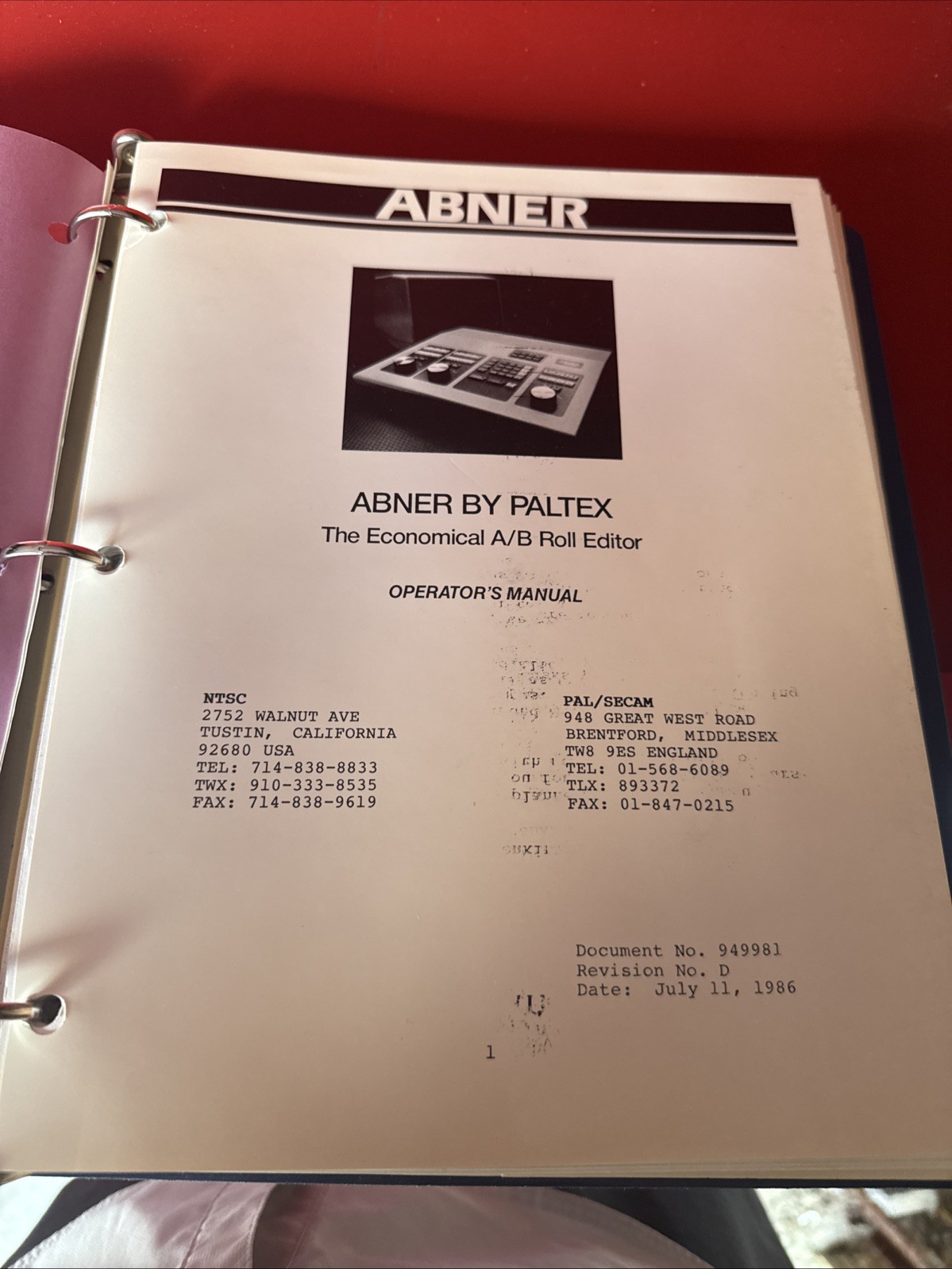 Abner By Paltex Economical A/B Roll Editor Operator’s Manual 949981