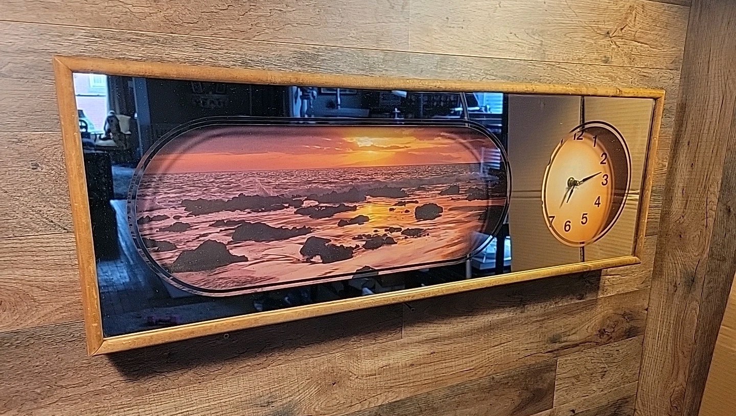 Vintage 1980's 34x12 Shadowbox Wall Clock "Eye Encounter" Mirrored Beach Coast