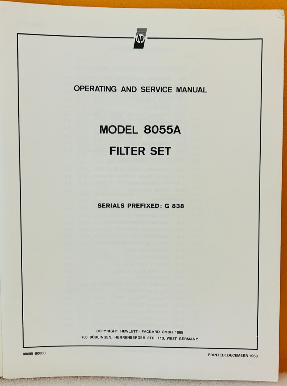 HP 08055-90000 Model 8055A Filter Set Operating & Service Manual.