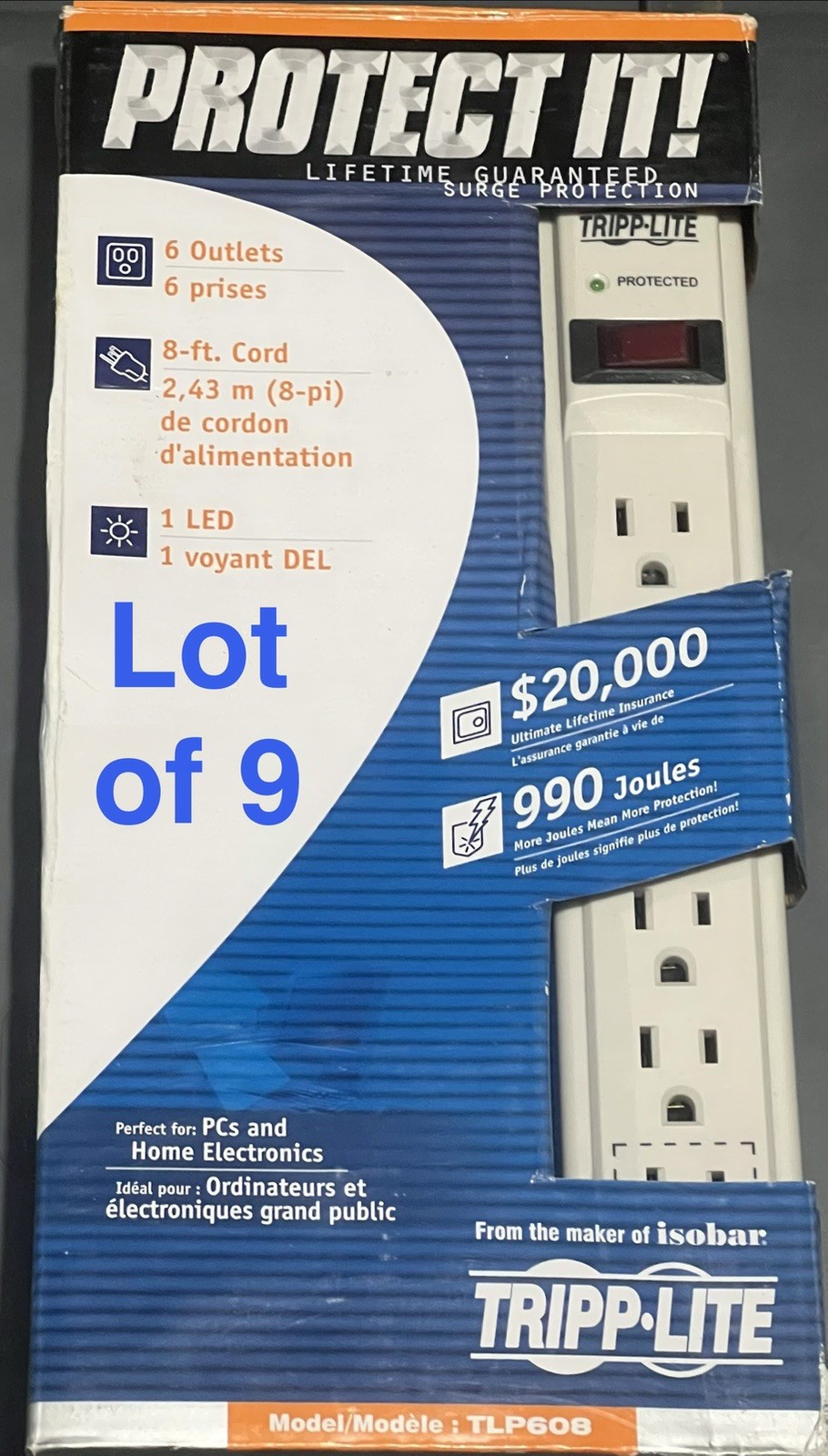 [LOT OF 9] Tripp Lite TLP608 Surge Protector, 120V, 6 Outlet, 8' Cord, BRAND NEW