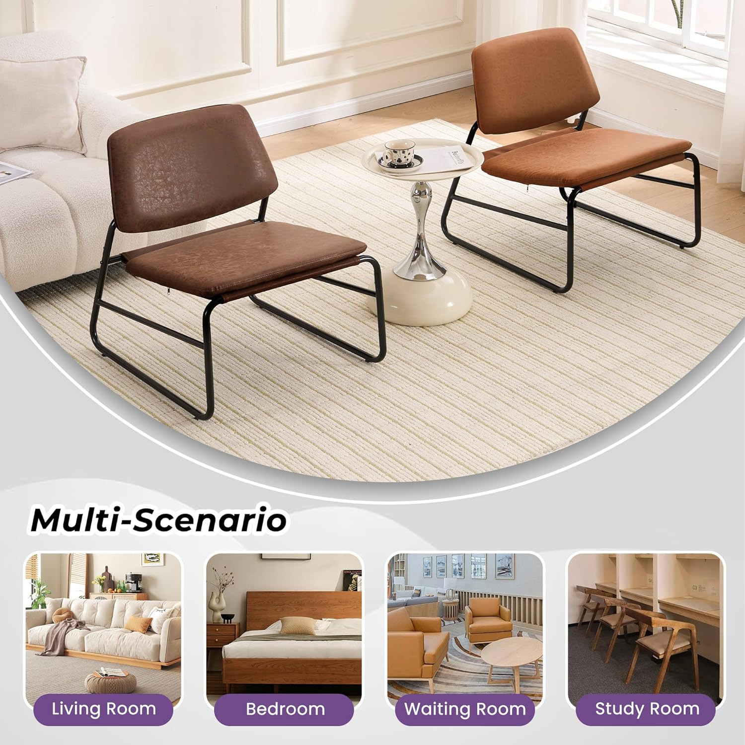 Comfy Brown Faux Leather Armless Accent Chair with Metal Frame for Any Space