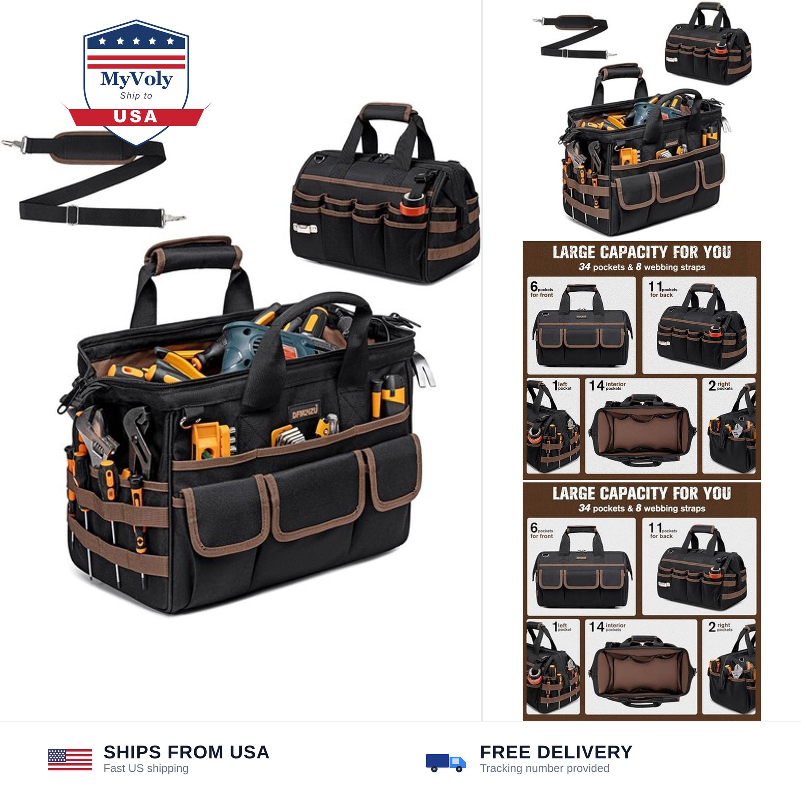 Tool Bags for Men, 16.5 Inch Heavy Duty, 34-Pocket Tool Bag | Foldable wide-o...