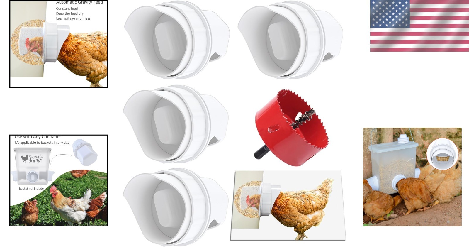 4-Port Gravity Chicken Feeder with Hole Saw - Durable & Mess-Free Solution