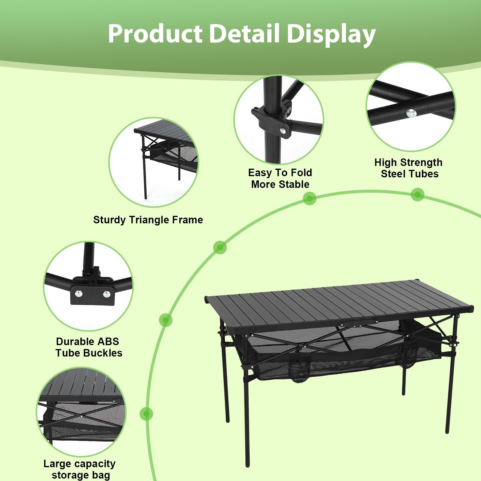 Black Aluminum Folding Camping Table with Mesh Storage, Cup Holders & Carry Bag