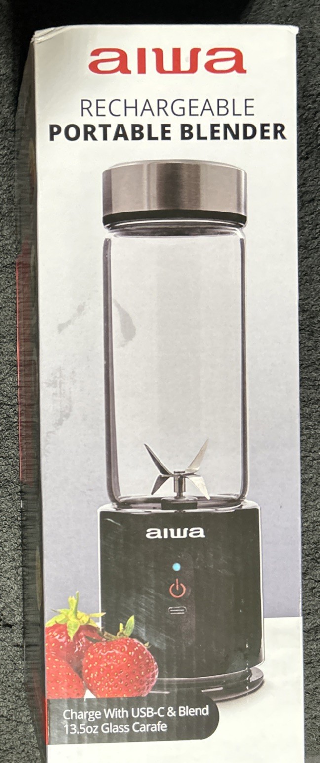 New Aiwa Rechargeable Portable Blender 13.5oz Glass Carafe USB-C Black