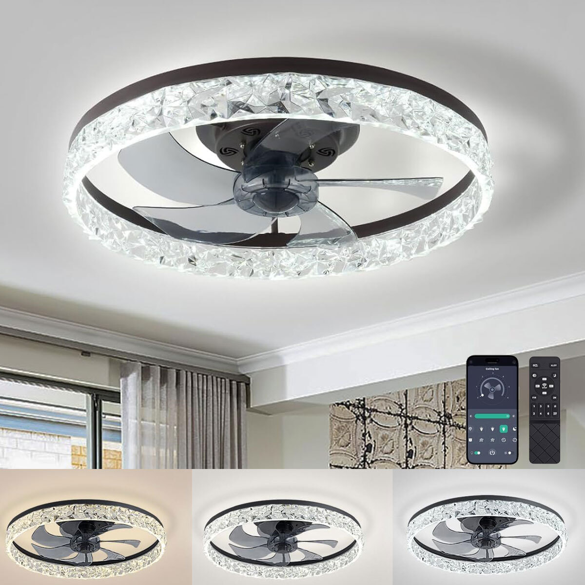 20" Modern Fan Lights Flush Mount LED Ceiling Light kit With APP Remote Control