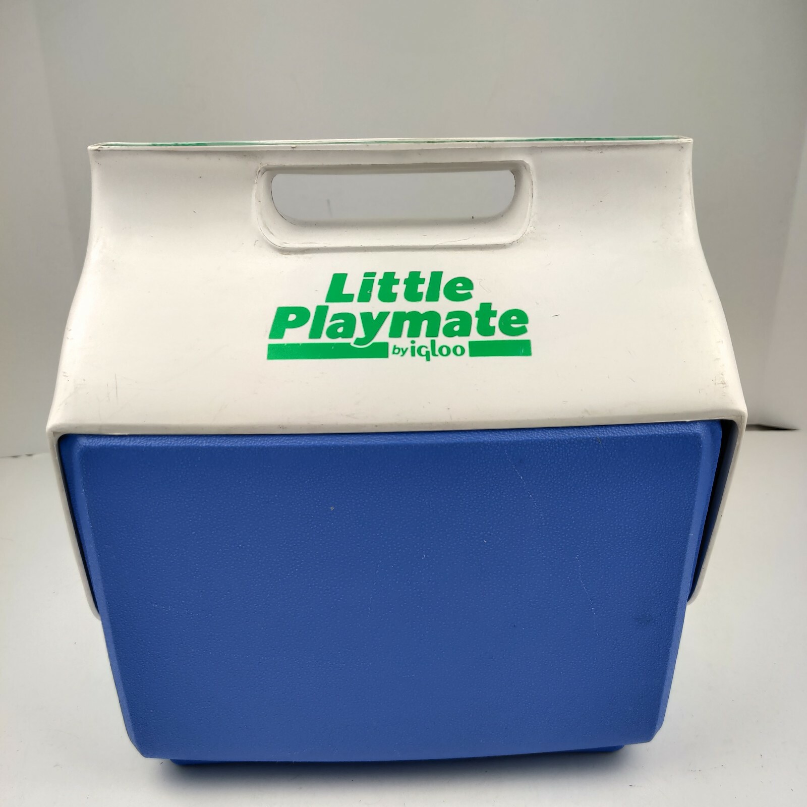 VINTAGE BLUE & WHITE & GREEN IGLOO LITTLE PLAYMATE COOLER w/ Push Button 1980’s
