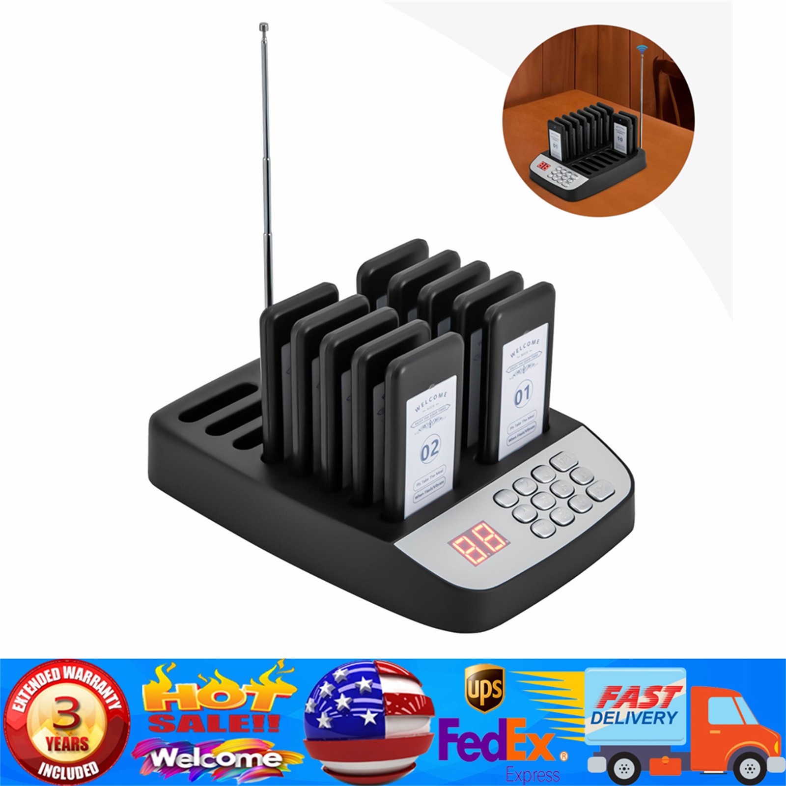 Restaurant Pager System Guest Queuing 10 Buzzer for Food Truck Clinic Club Cafe.