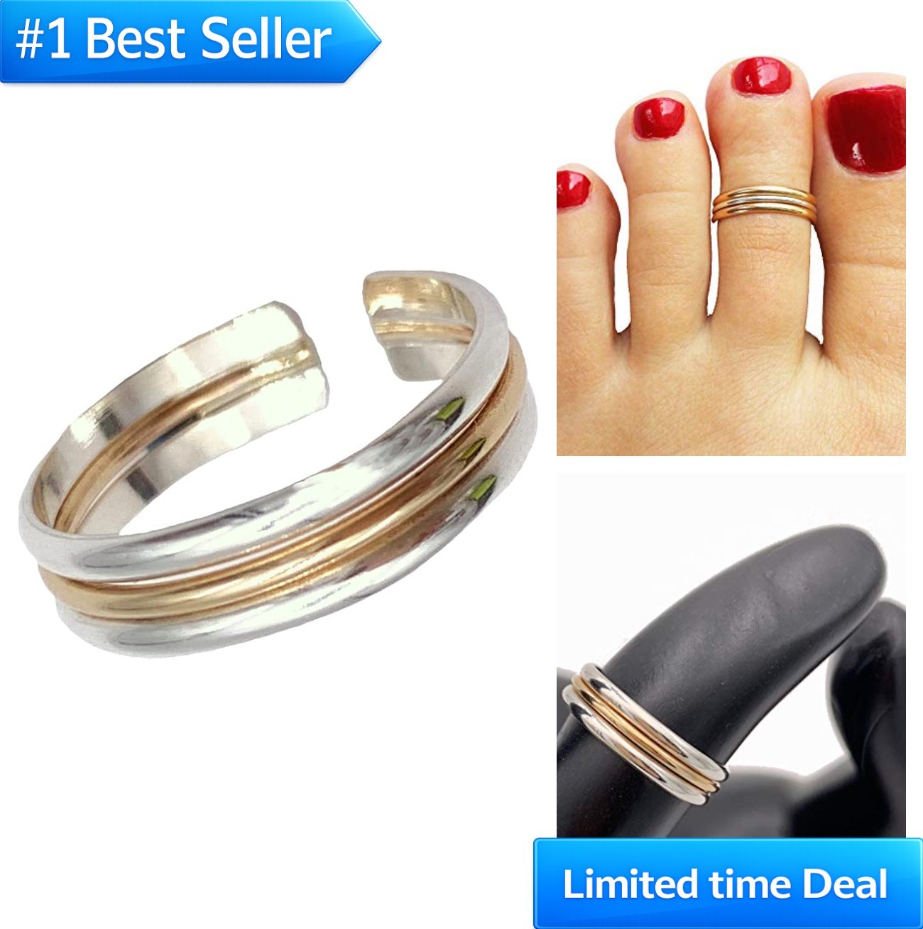 Toe Ring Triple Stack Mixed Metals Sterling Silver 14K Gold Fill Adjustable